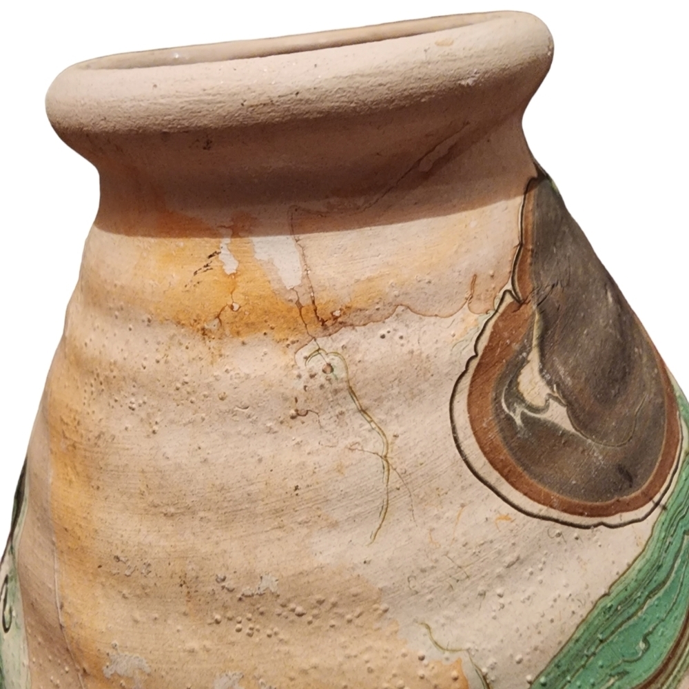 Nemadji Indian Clay Pottery Beehive Vase Shape Green Orange Gray Swirl Pattern - Picture 10 of 15